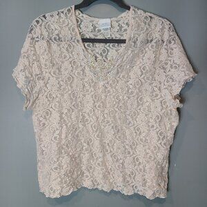 Vintage Lace Top Size 3X Fairy Coquette  Light Pink Beaded Sequin Dainty Cottage